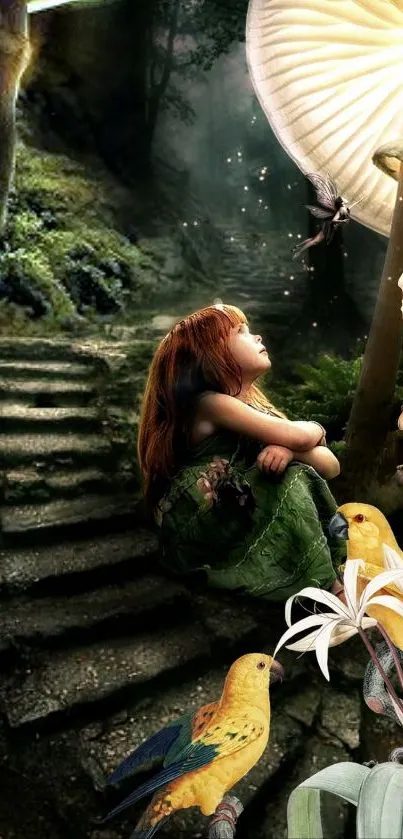 Fairy sits by giant mushrooms in an enchanted forest scene.