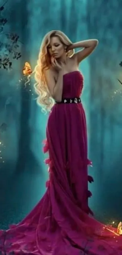 Fairy in magenta dress with butterflies in enchanted forest.