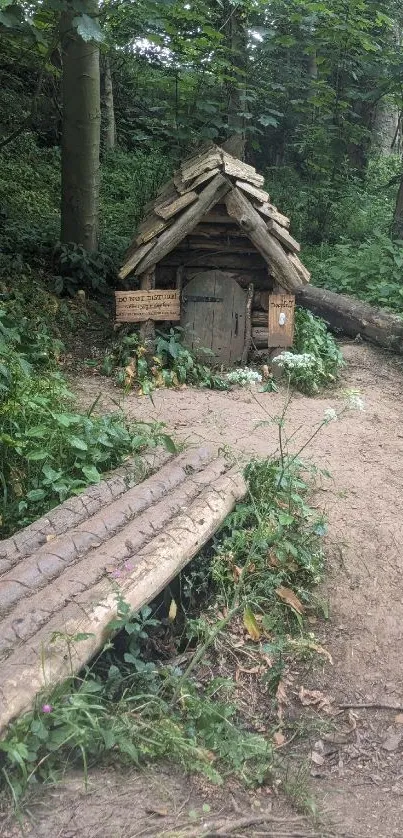 Magical fairy house in lush green forest setting with wooden path.