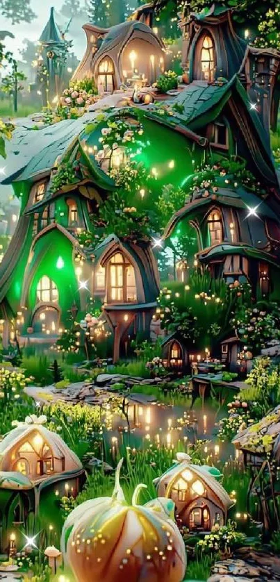 Whimsical fairy houses in a glowing forest landscape with magical lights.