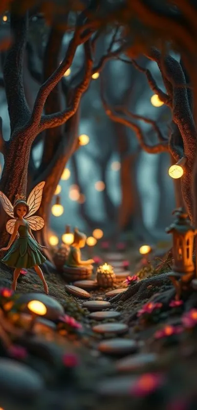 Enchanting forest with fairies and glowing pathway.