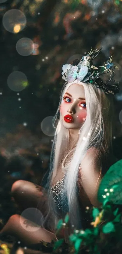 Mystical fairy with silver hair in an enchanted green forest.