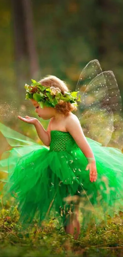 A child dressed as a fairy in a vibrant green dress with sparkling wings in a forest setting.