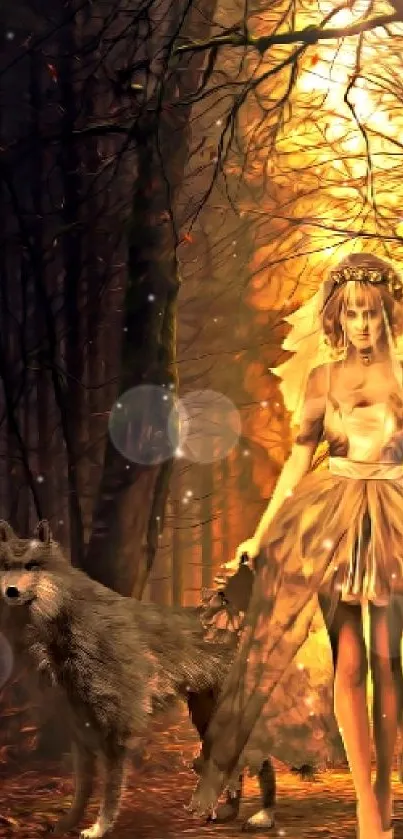 A mystical fairy with a wolf in an enchanted forest, illuminated by golden light.