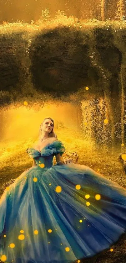 Woman in blue gown in enchanted forest scene.