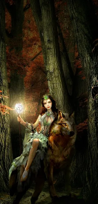 Fairy in mystical forest with wolf and glowing light.