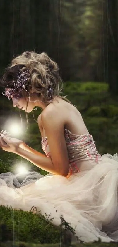 Enchanted woman in glowing dress in forest.