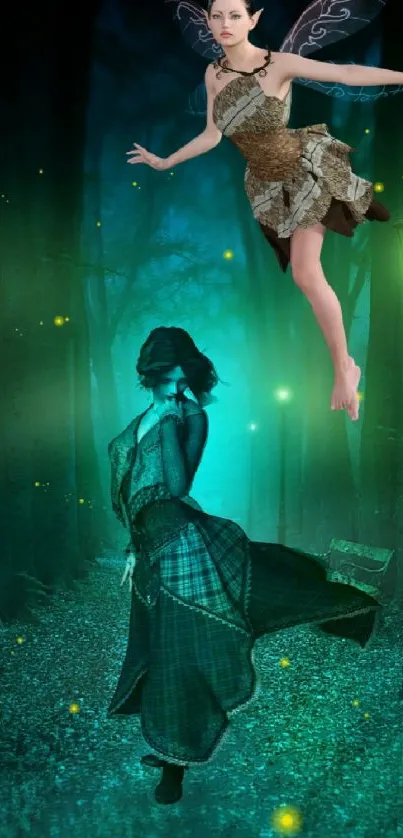 Enchanted forest with fairy and glowing fireflies.