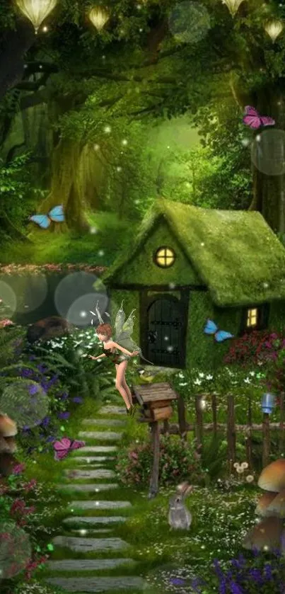 Fairy forest wallpaper with a green cottage and butterflies.