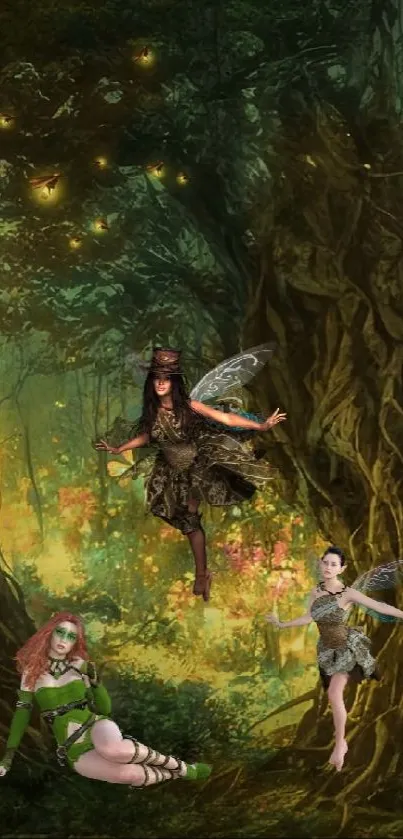 Enchanted forest scene with fairies and mystical lighting.