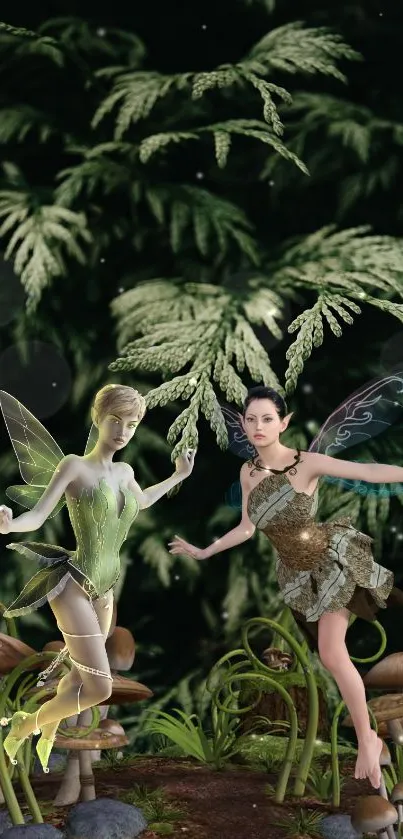 Two fairies in an enchanted forest with lush greenery and mushrooms.