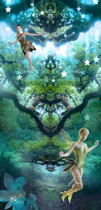 Enchanting fairy mobile wallpaper with lush forest background and sparkling stars.