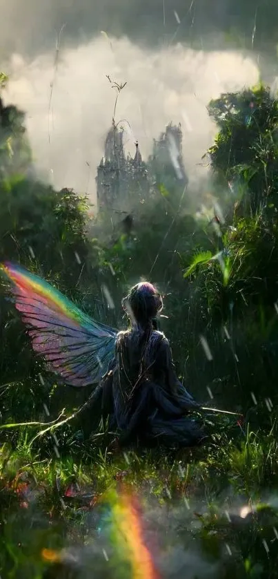 Serene fairy with iridescent wings in lush green forest landscape.