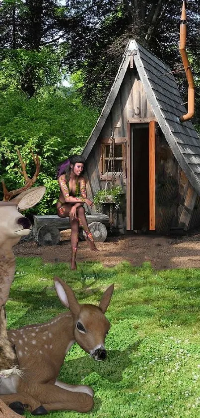 Enchanted forest wallpaper with deer and a fairy near a cottage.