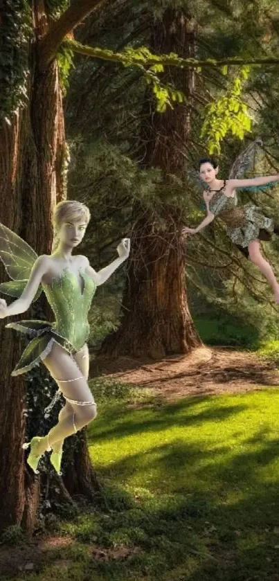 Whimsical fairies amidst a sunlit, enchanted forest with lush greenery.