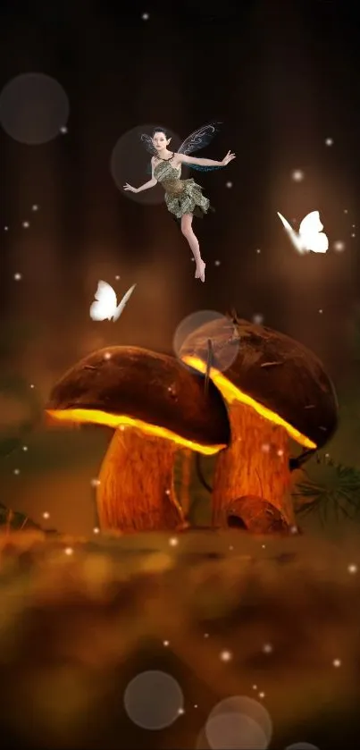 Magical fairy hovering over glowing mushrooms with butterflies.