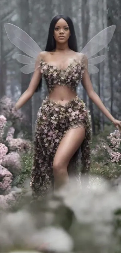 Fairy in forest with floral dress and wings.