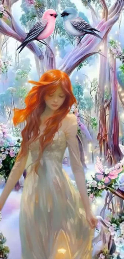 Enchanted forest scene with fairy, birds, and flowers.