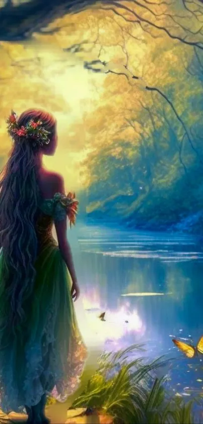 Enchanting fairy in a lush forest by a calm river with butterflies.