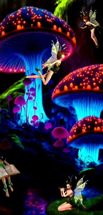 Magical forest with glowing mushrooms and fairies at night.