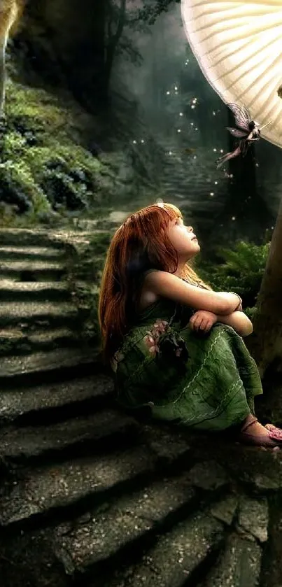 Girl in enchanted forest with glowing mushroom and fairies.