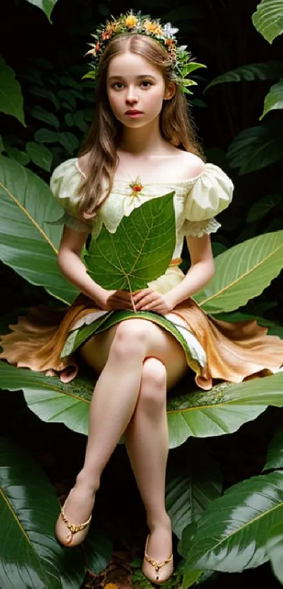 Fantasy forest fairy sitting amidst lush green leaves in a serene setting.