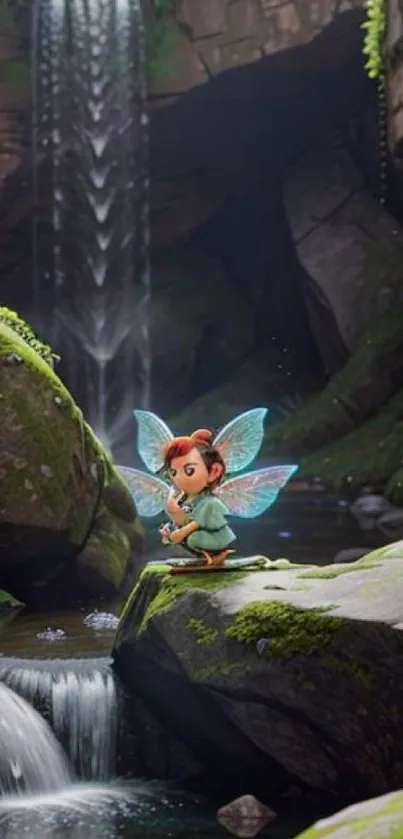 Fairy sitting by a waterfall surrounded by lush greenery.