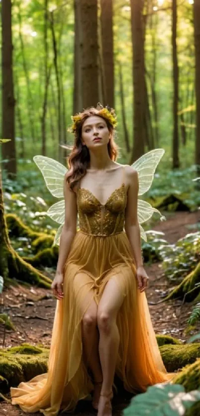 Fairy in a golden dress in a lush green forest with sunlight filtering through.