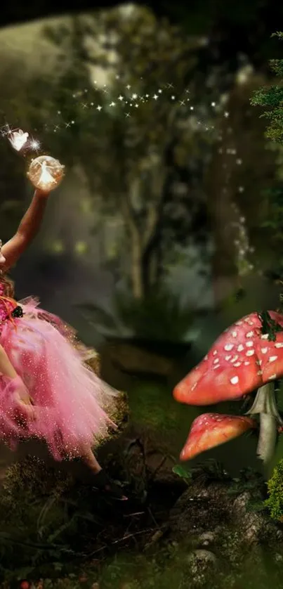 Young girl as fairy in a magical forest with pink dress and mushrooms.