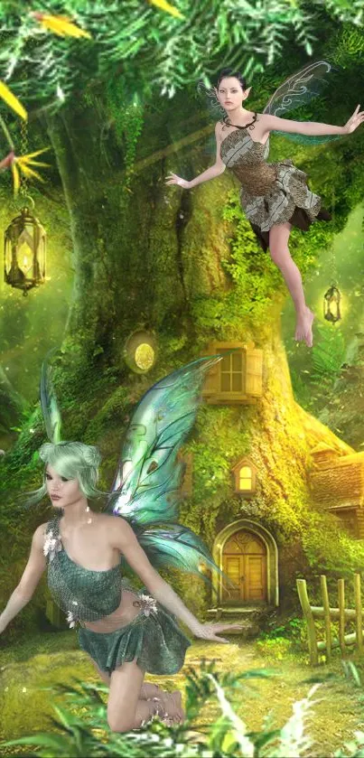 Magical fairy forest wallpaper with glowing lanterns and vibrant green hues.