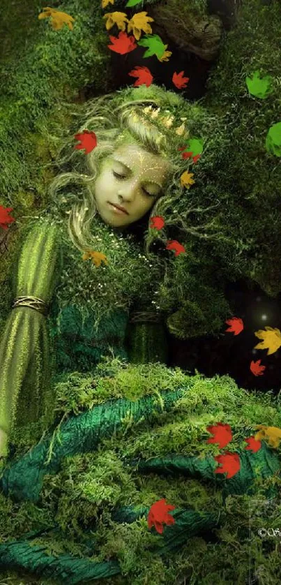 A serene forest fairy surrounded by lush greenery and soft moss in an enchanted forest.