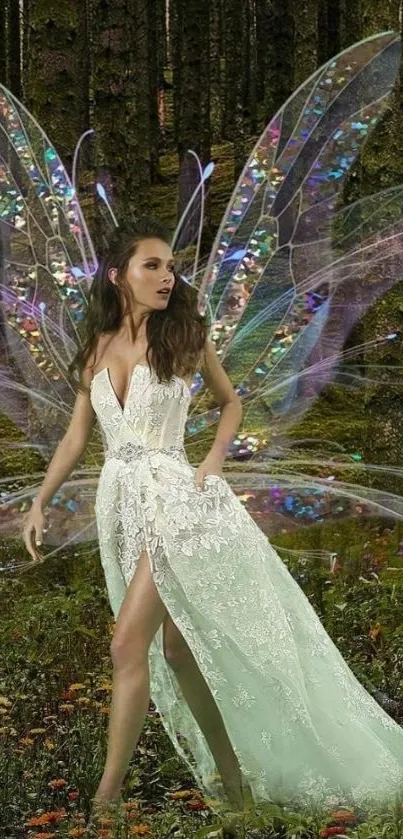 Enchanting forest fairy in elegant dress with magical wings amid flowers.