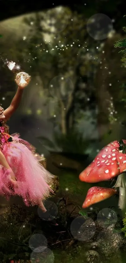 Fairy in a pink dress with glowing mushrooms in a forest scene.