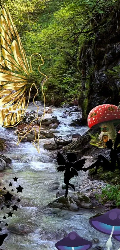 Enchanted forest scene with fairies, mushrooms, and a golden butterfly.