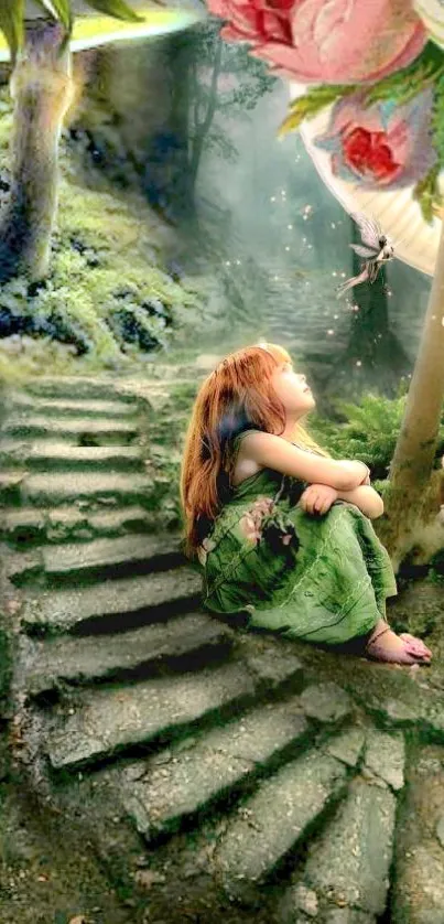 A girl sits in an enchanted forest surrounded by fairies and flowers.