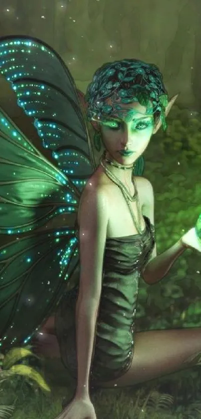 Mystical green fairy in enchanted forest with glowing wings.