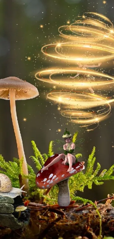 Whimsical fairy on mushroom with glowing spirals in a forest setting.