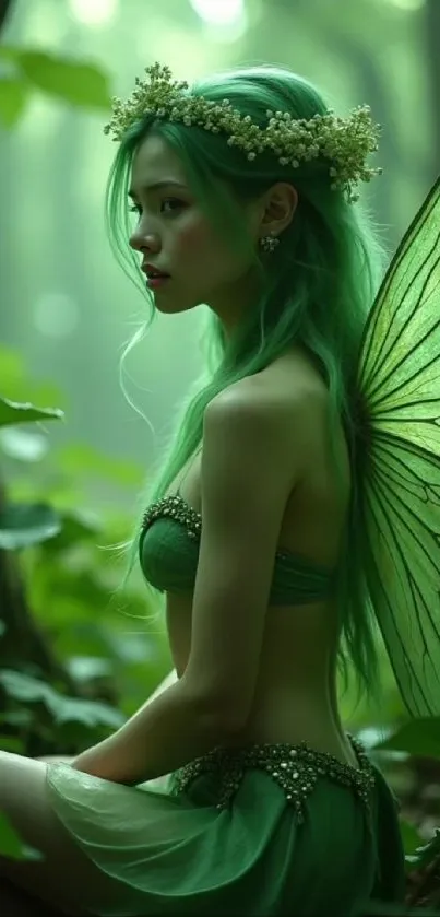 Enchanted green forest fairy with wings