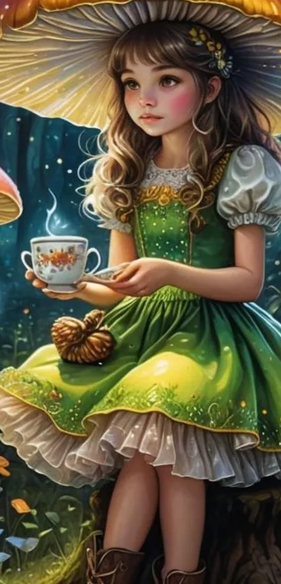 Young girl in green dress sitting under a large mushroom with a teacup.