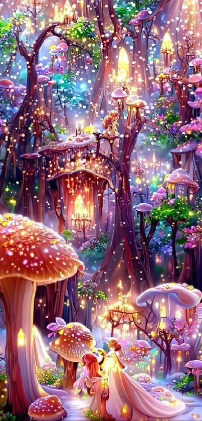 Enchanted forest with glowing mushrooms and magical lights.