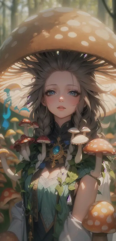 Fantasy art of a mystical character in an enchanted forest with mushrooms.