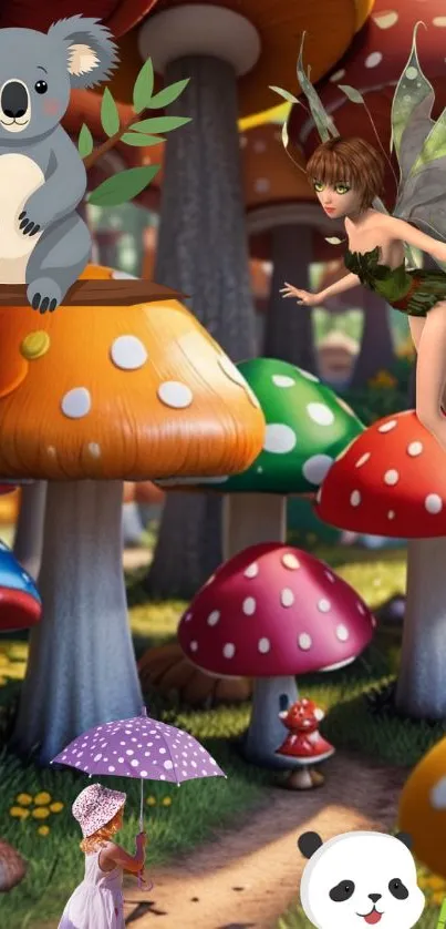 A fairy flies over a colorful mushroom forest with a koala and a child.