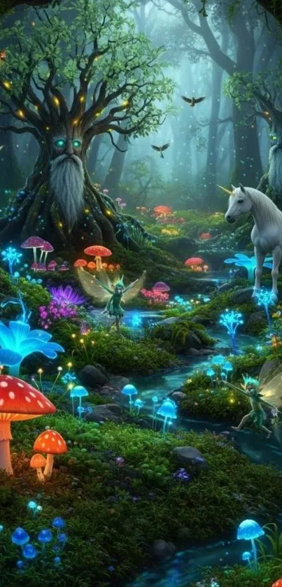 Enchanted forest with mythical creatures and glowing mushrooms.