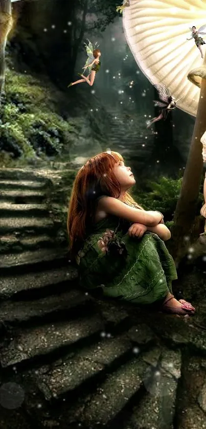 A child amongst fairies in a mystical forest setting.