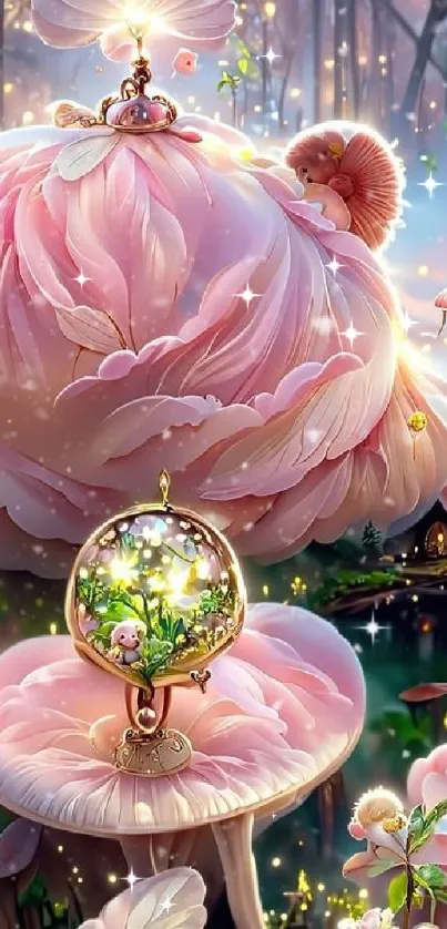 Fantasy scene with pink flora and mystical ambience.