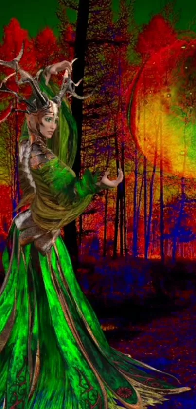 Fantasy art wallpaper with green-robed figure in a vibrant forest setting.