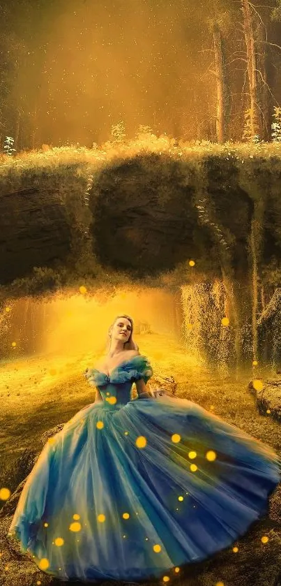 Enchanted forest with serene maiden in blue dress illuminated by fireflies.