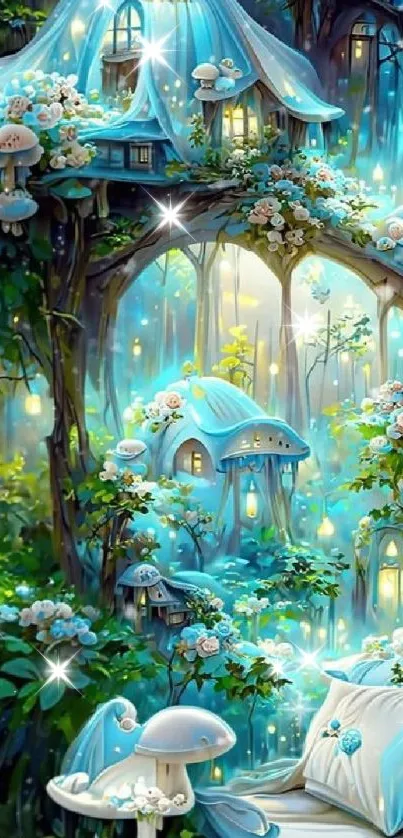 Enchanted blue forest with glowing cottages and mushrooms.