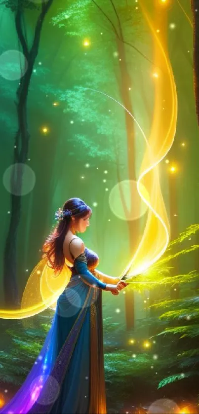 Mystical character with glowing magic in a lush, green forest.