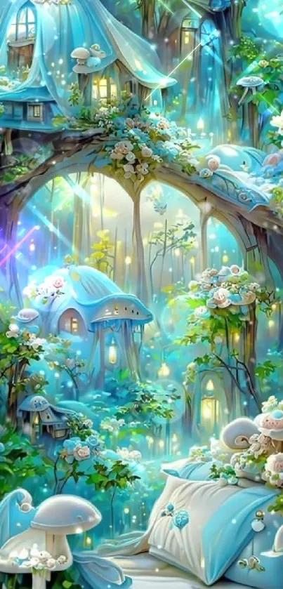 Enchanted forest with whimsical cottages and glowing lights in fantasy art.